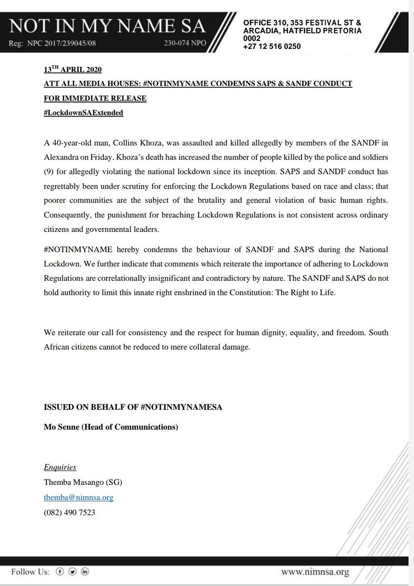 NotInMyNameINT's tweet photo. #NOTINMYNAME CONDEMNS @SAPoliceService & @SANDFCorpEvents CONDUCT
ISSUED ON BEHALF OF #NOTINMYNAMESA
✍ @Mo_Senne (Head of Communications)
Enquiries
@BroThemba
#day18oflockdown https://t.co/b9ZDBU2Rgu