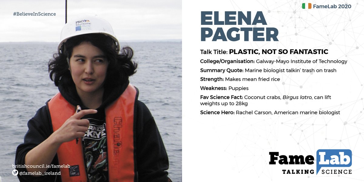 #MeetOurFinalists:

<a href="/elenapagter/">Elena Pagter</a> is an <a href="/IrishResearch/">We are now Research Ireland</a> funded PhD candidate in @GMITOfficial looking at microplastics in Galway Bay. Elena enjoys elaborate hotpots and the occasional sunrise swim.

Watch Elena's talk at FameLab Ireland final LIVE on 15/04: bit.ly/2XnXtoQ