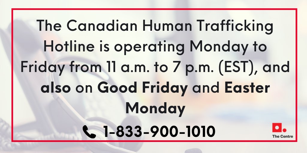 thecanadiancntr's tweet photo. The Canadian Human Trafficking Hotline is open today with our adjusted hours due to COVID-19 from 11 a.m. to 7 p.m. (EST).
If you are a victim/survivor of human trafficking, or think someone might be, we can help. Call the Canadian Human Trafficking Hotline at 1.833.900.1010. https://t.co/3tDsiwxNzJ