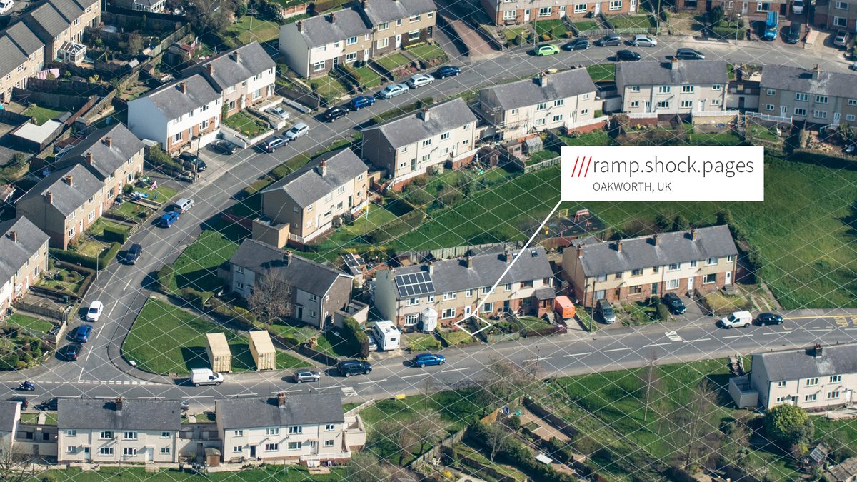 An image of a residential area in Oakworth, UK, with a callout from the what3words address ///ramp.shock.pages