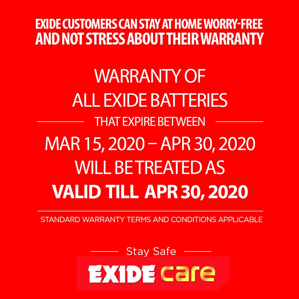 ExideCare's tweet photo. In these times of uncertainty, Exide makes sure that the warranty of your battery stays certainly covered, by extending it. So that you take care of yourself at home while we take care of your battery.
#Exide #ExideCares #WarrantyExtended #Covid19India #StaySafe #WhatDrivesYou https://t.co/rm5nY9IKvC