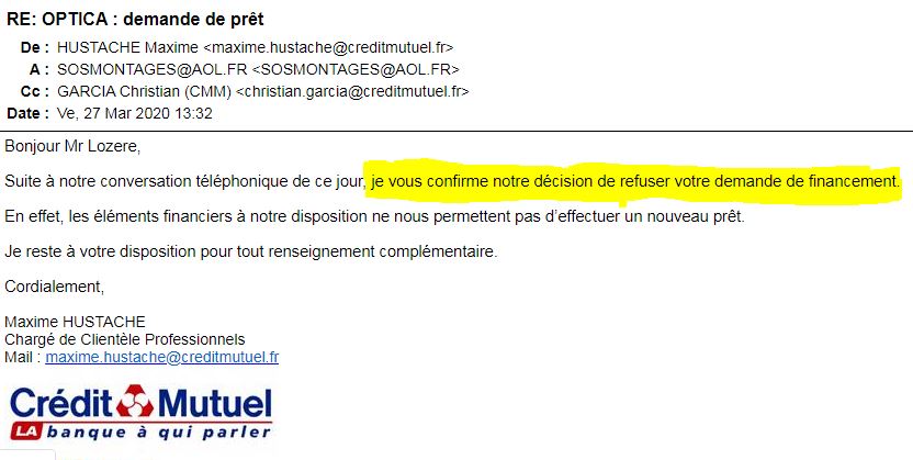 nonolemal83's tweet photo. Le @CreditMutuel refuse un prêt de 7000 € (12,6 % CA 2019). Prêt garanti pourtant à 90% par @Bpifrance ."La banque à qui parler" affiche du mépris à l'égard des #TPE et #PME. Aucune nouvelle depuis cette injonction du @mediateurcredit .
@GDarmanin @NicolasDufourcq @FredericOudea https://t.co/DskWCMpEI2