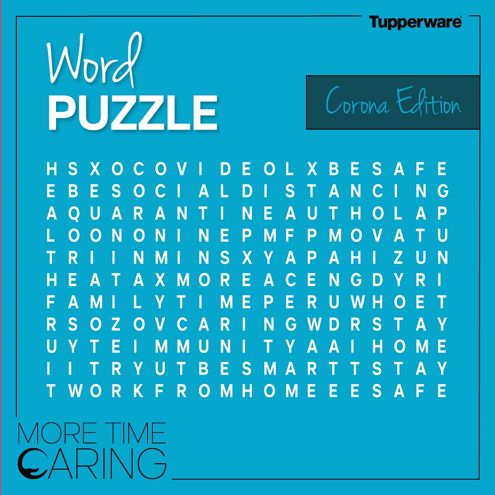 TupperwareIN's tweet photo. Bored out of your mind and can't wait for the end of the lock down? Here is a word puzzle to keep you sharp in times of Corona! How many words could you find? Don't let COVID catch you unaware! #StayHome #StaySafe #MoreTimeCaring #stayresponsible https://t.co/ureFjB2IvV