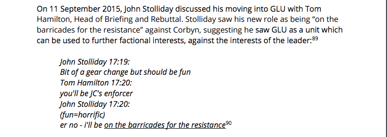 Page 57: A GLU staffer describing his role as being "on the barricades for the resistance" against Corbyn