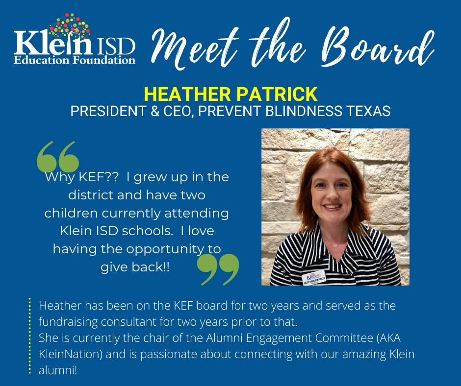 KleinFoundation's tweet photo. 🎉 Meet the Board Monday🎉 
Meet Heather Patrick! Heather was the fundraising consultant for the KEF for 2 years before becoming a director. After seeing the impact those funds had for our amazing @KleinISD educators, she knew the KEF was where she could truly make a difference! https://t.co/9w0TUCfIZ6