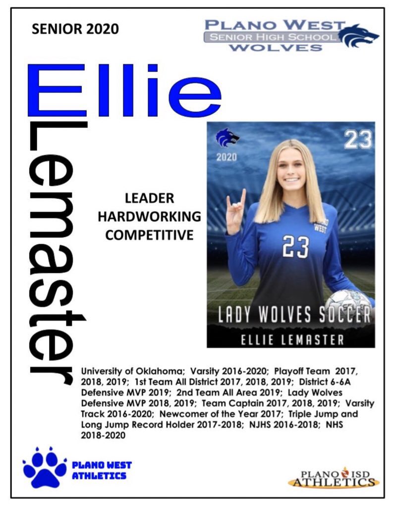 PlanoISDAthDept's tweet photo. The Plano ISD Athletic Department recognizes Senior Ellie Lemaster from Plano West Senior High!@PWLWsoccer https://t.co/pOZenttVWB