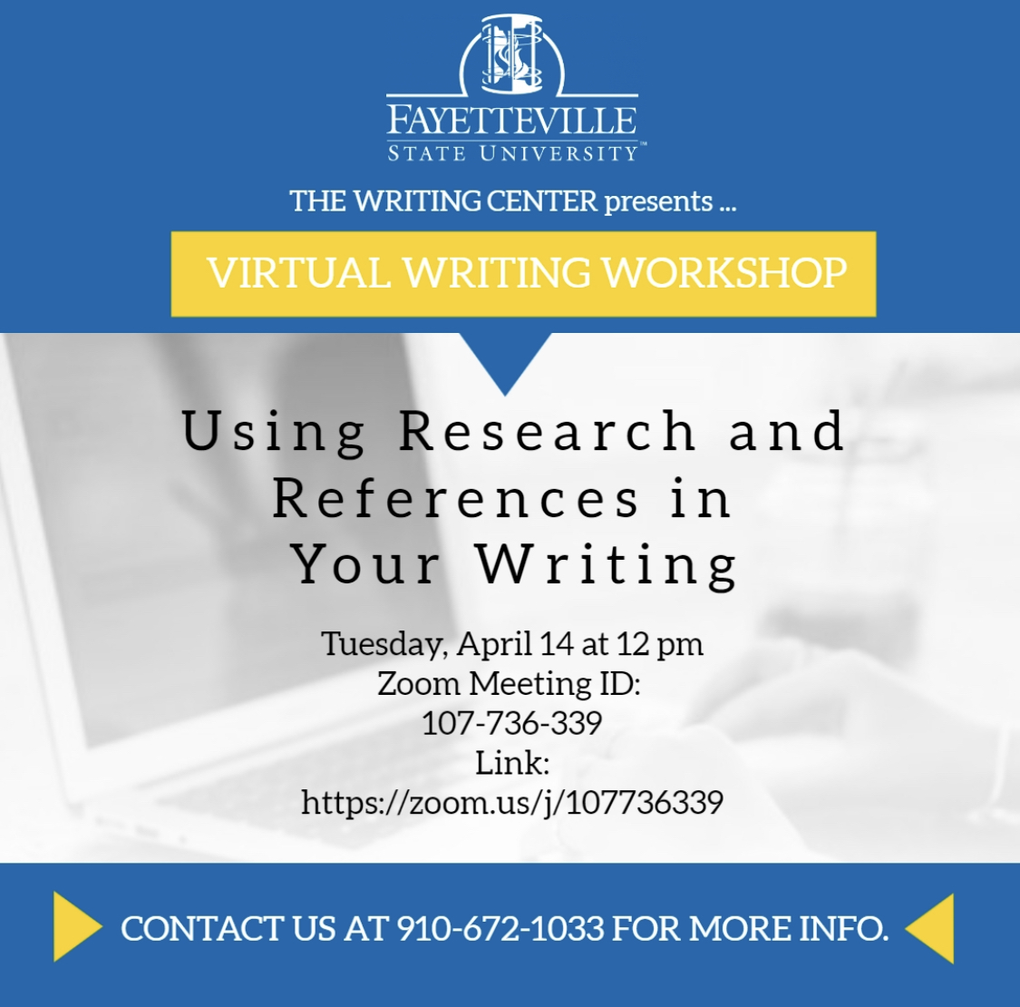 fsu_wrctr's tweet photo. Join us for our first virtual writing workshop tomorrow, T 4/14 at 12 pm. “Using Research and References in Your Writing” - You don’t want to miss it! #uncfsu #writingcenter #faystate #theWRITEplace https://t.co/4gZIrhhmjM
