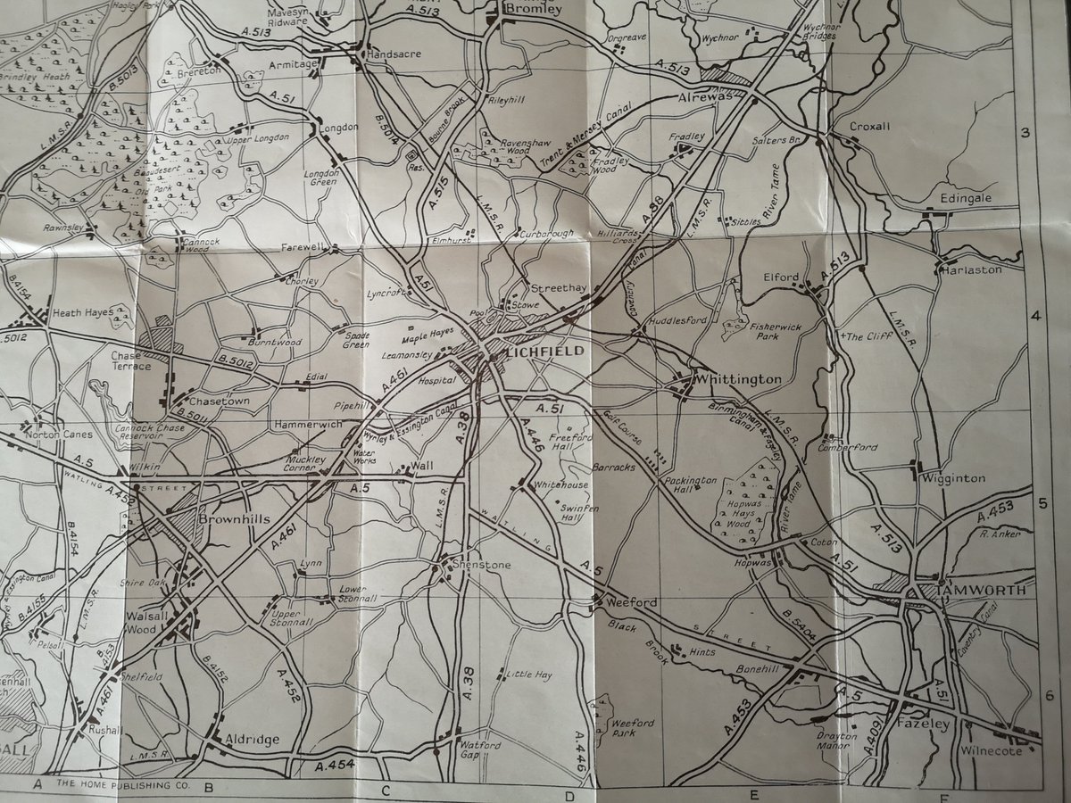 JonoTourism's tweet photo. Late 1940s road map of Lichfield with lots of local advertisers. Note the original route of the A38, the Lichfield canal and the absence of the railway stretch of the Birmingham Road. FM and J Wait's funeral directors are still at 25 Bird Street! #Lichfied #History #Maps https://t.co/AVaiesTkpv