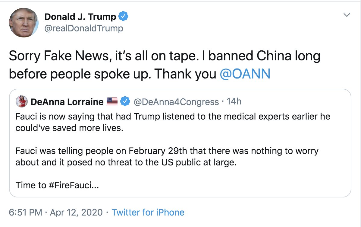 Lastly, is Dr. Anthony Fauci's job at risk? @realDonaldTrump quoted-tweeted this tweet yesterday, that includes the hashtag  #FireFauci.Fauci has been the director of the National Institute of Allergy and Infectious Diseases since 1984.(More context in next tweet)