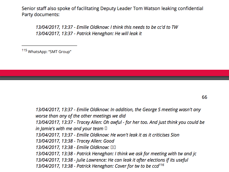 Pages 65/66: Staff discussing facilitating Tom Watson to leak documents