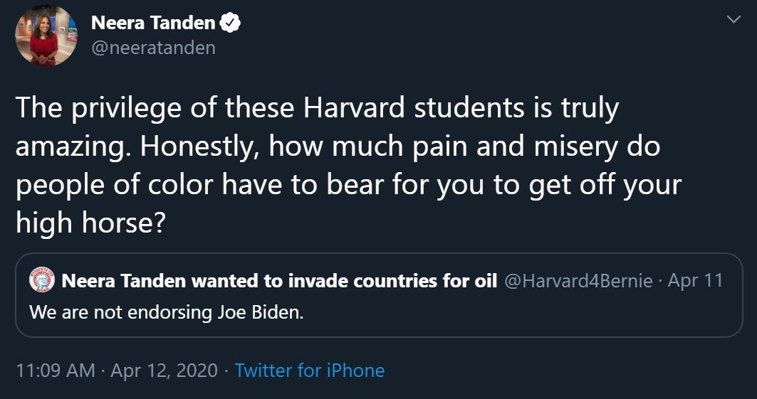 Ah, the Neera approach is too paint everyone not voting for Corporatist Joe as privileged. Yeah, that makes sense...but anyhoo...does she not think PoC go to Harvard?