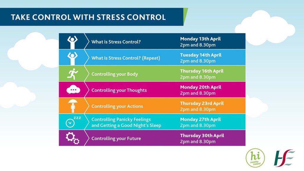 Dr. Stephanie O'Keeffe ๐บ๐ฆ (@stokeeffe) on Twitter photo New online version of HSE Stress Control Programme started 15 minutes ago!!! But for those who missed it, itโs on again at 8.30 this evening. Skills taught require practice but no better time than now. Thank you <a href="/HsehealthW/">HSE Health & Wellbeing</a> <a href="/HealthyIreland/">HealthyIreland</a> New online version of HSE Stress Control Programme started 15 minutes ago!!! But for those who missed it, itโs on again at 8.30 this evening. Skills taught require practice but no better time than now. Thank you <a href="/HsehealthW/">HSE Health & Wellbeing</a> <a href="/HealthyIreland/">HealthyIreland</a>