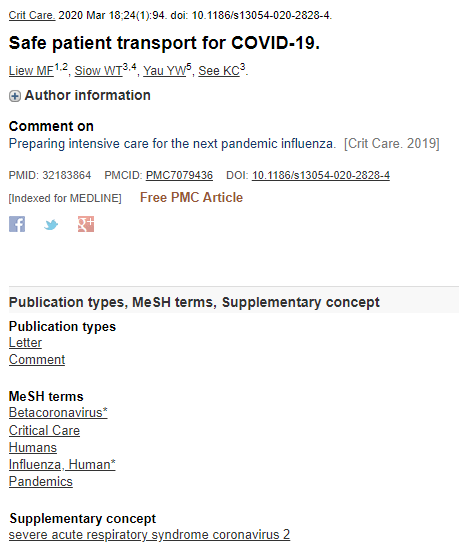 3/ Case in point:  https://www.ncbi.nlm.nih.gov/pubmed/32183864 Where's "Transportation of Patients"[Majr]? That should be there, as major topic. What's "Influenza, Human"[Majr] doing there? I assume because it was a comment on previous flu article.  #medlibs  #critlib