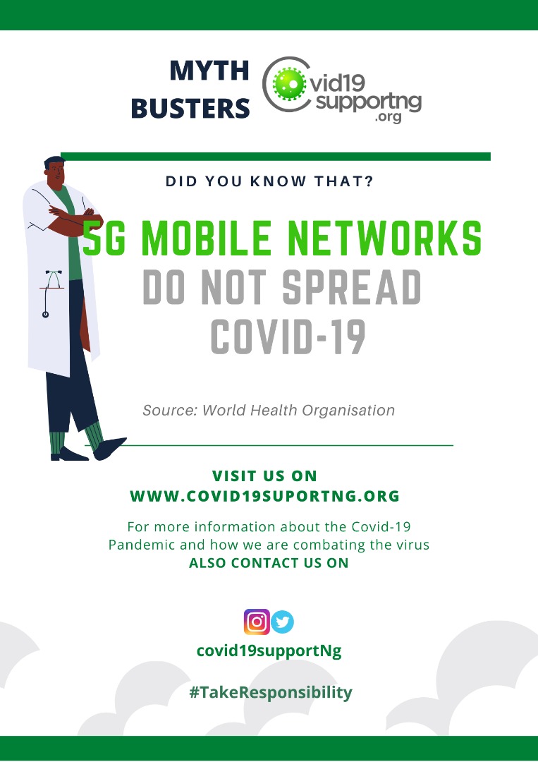 NgCovid19's tweet photo. Today on our #Mythbusterseries 
#5G mobile networks do not spread #COVID19 and taking a hot bath does not prevent #coronavirus 
To learn more send  a DM @NgCovid19  or visit https://t.co/2TVXTDHPMX 
You can also reach out to us for other forms of support
#Staysafe
#COVID19Update https://t.co/MCwSZk4i89