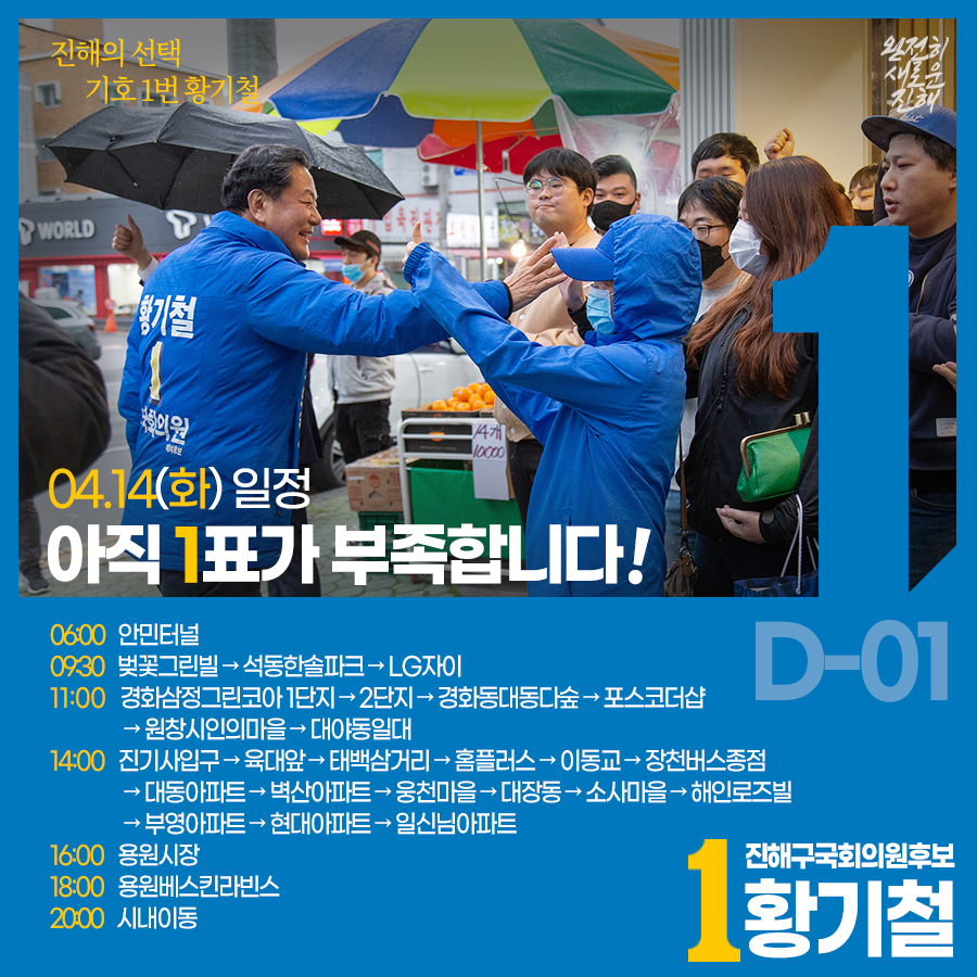 <D-1>
내일로써 총선 레이스가 드디어 막을 내립니다. 그동안 성원해 주신 지지자분들 그리고 진해 시민 여러분 감사드립니다. 내일 마지막 유세 현장에서도 힘을 모아주시고, 선거 당일 신성한 한 표로 진해와 대한민국의 미래를 바꾸어 주시기 바랍니다. 
#황기철 #진해 #21대총선