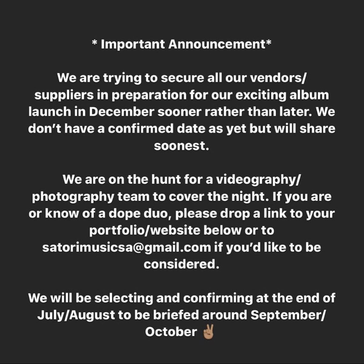 SatoriMusic_SA's tweet photo. * calling all videographers and photographers* https://t.co/NUyBnrotDd