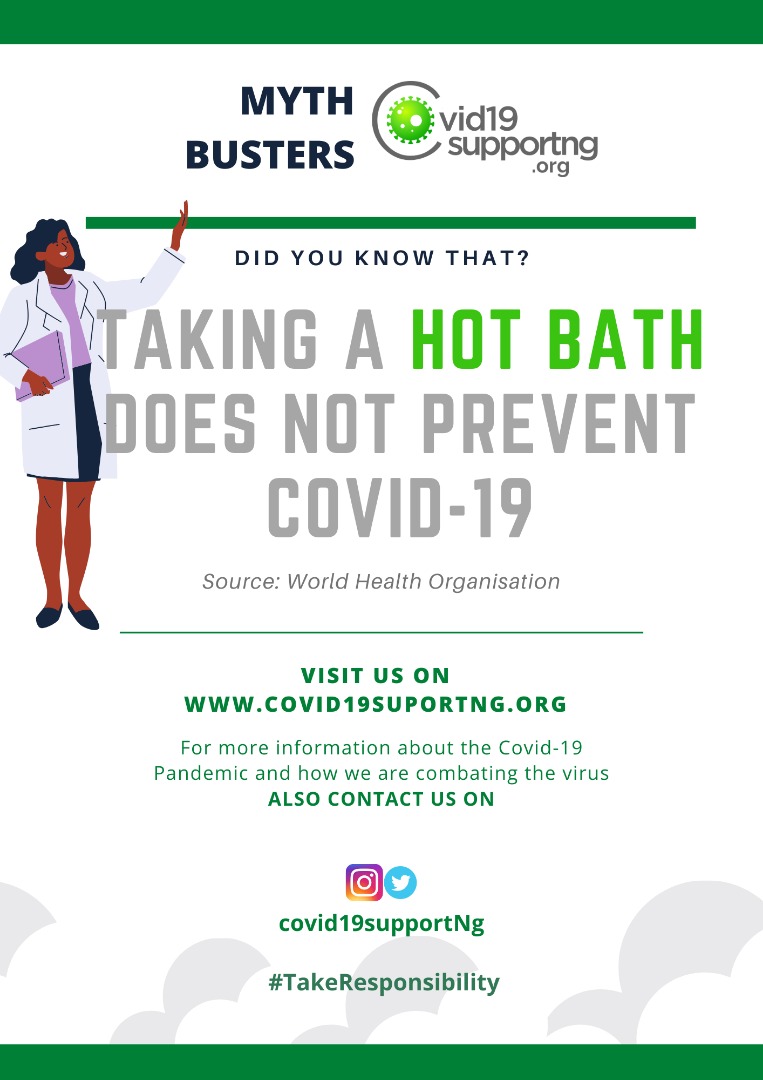 NgCovid19's tweet photo. Today on our #Mythbusterseries 
#5G mobile networks do not spread #COVID19 and taking a hot bath does not prevent #coronavirus 
To learn more send  a DM @NgCovid19  or visit https://t.co/2TVXTDHPMX 
You can also reach out to us for other forms of support
#Staysafe
#COVID19Update https://t.co/MCwSZk4i89