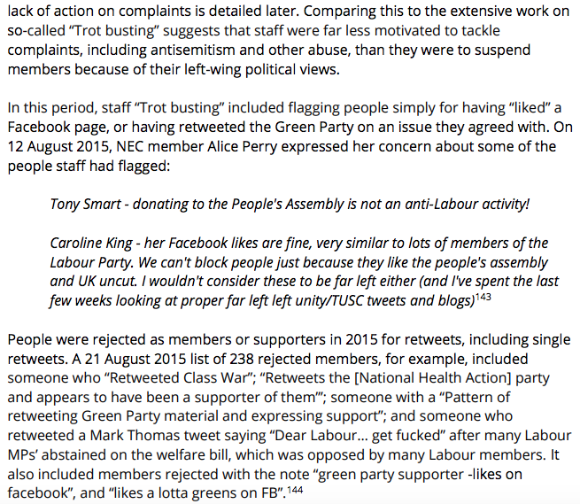 Pages 70-77: A dossier of evidence of staff systematically working to purge the labour left, described by them as "trot busting" and "trot hunting'