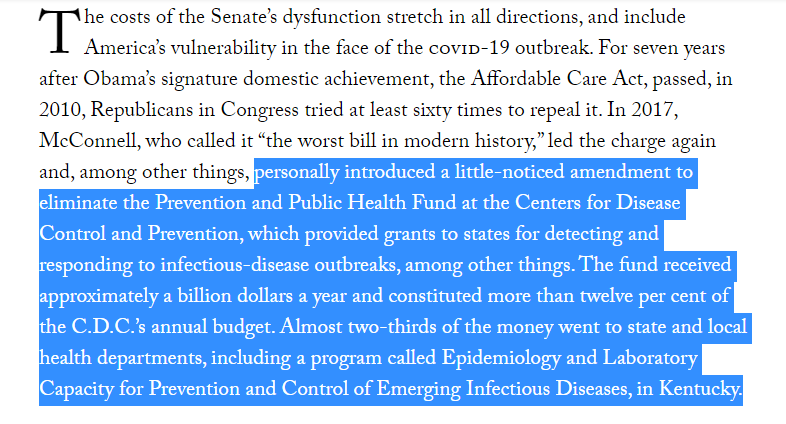 jake_zuckerman's tweet photo. Whoa. Way at the bottom of this @JaneMayerNYer story:

McConnell amendment in a 2017 ACA repeal bill would have zeroed out a CDC fund that provides grants to states for detecting and responding to infectious-disease outbreaks -- about 12 percent of the CDC's annual budget https://t.co/WurE7bI9N8