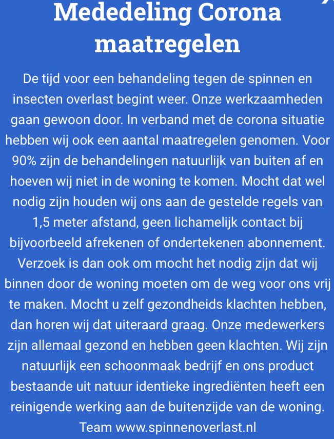 “COVD-19 Corona” nieuws mbt de insectenvervuiling behandelingen/schoonmaak werkzaamheden met reinigingsproduct Cleanweb.
Deze schoonmaak behandelingen gaan in achtneming met alle door de overheid gestelde voorwaarden en eisen gewoon door  #veiligheid en #gezondheid #spinnen
