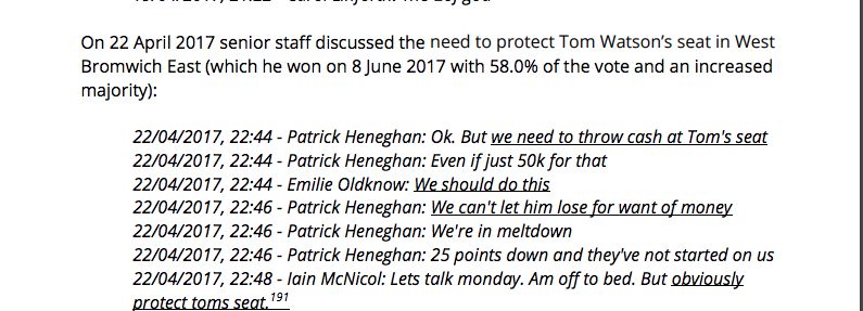 Pages 85-87: Senior staff discuss replacing Corbyn with Tom Watson, described as "Operation Cupcake" by Iain McNicol, and protecting Tom's seat with monetary funds