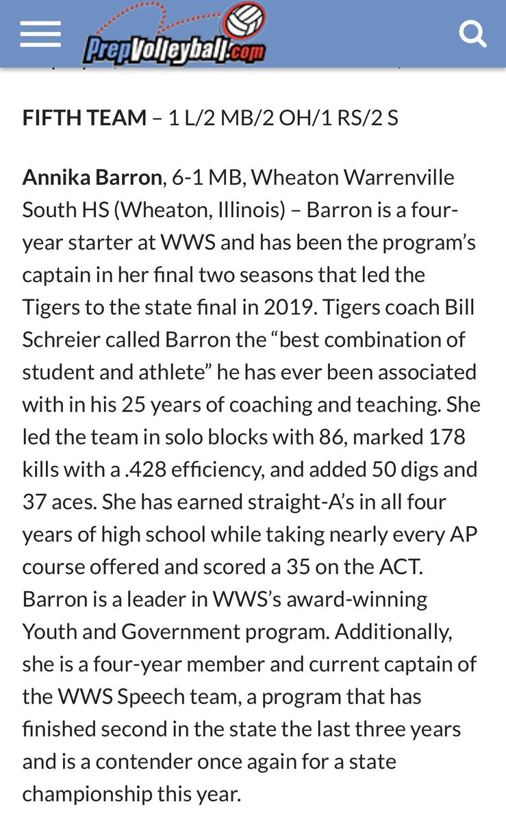 WWSTigersGVB1's tweet photo. Congrats to senior Annika Barron on being recognized for her success on and off the court this season!!!

2019 https://t.co/ZwJd19u3CO High School Academic All-American Fifth Team https://t.co/9972s1aLPm