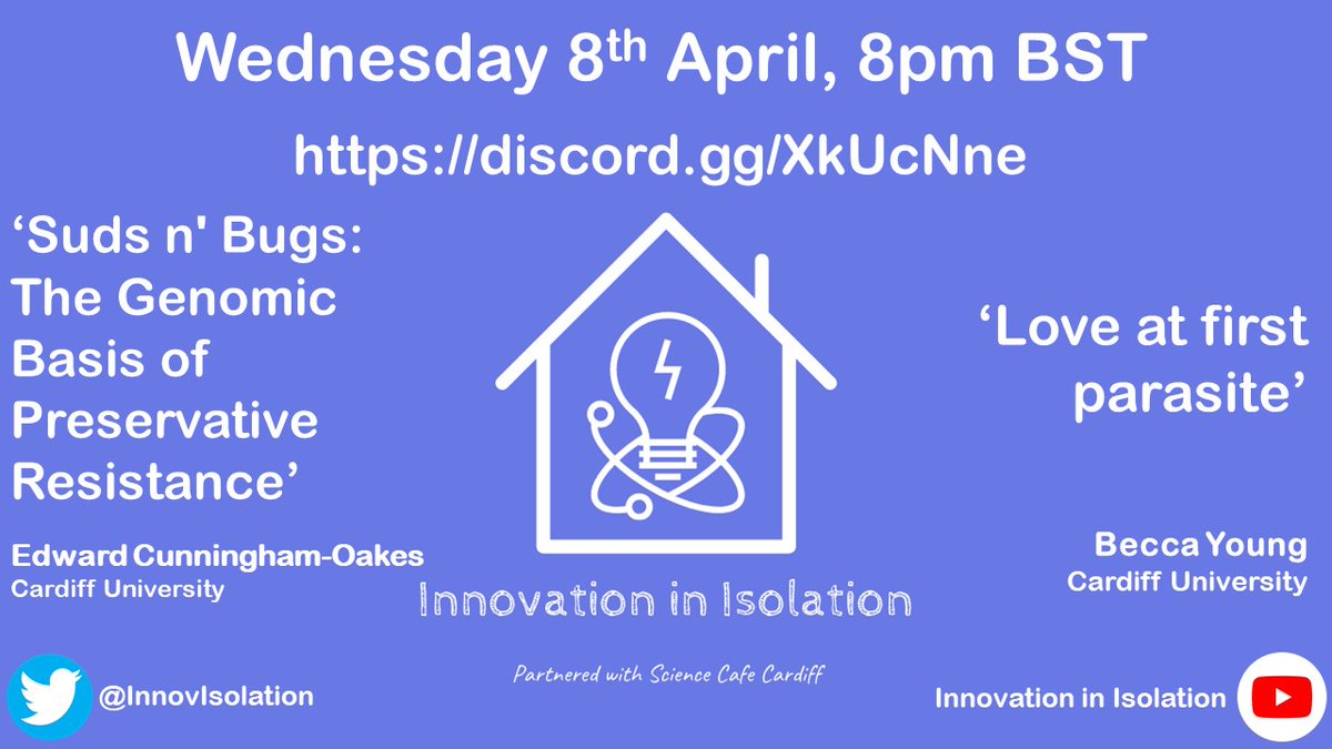Innovation In Isolation (@innovisolation) on Twitter photo We can't wait to have you back on Wednesday evening (8 - 9 pm) for our weekly talks 🦠🦠💕<a href="/edcoakes/">Ed Cunningham-Oakes</a> will talk about the genomics of resistant bacteria and @B_Young91 will be presenting some cool science about parasites. We can't wait to have you back on Wednesday evening (8 - 9 pm) for our weekly talks 🦠🦠💕<a href="/edcoakes/">Ed Cunningham-Oakes</a> will talk about the genomics of resistant bacteria and @B_Young91 will be presenting some cool science about parasites.