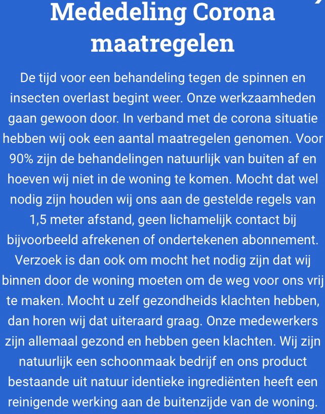 “COVD-19 Corona” nieuws mbt de insectenvervuiling behandelingen/schoonmaak werkzaamheden met ons product <a href="/ArLaClean_Prod/">Ar-La Cleaning Prod.</a> Cleanweb.
Deze schoonmaak behandelingen gaan in achtneming met alle door de overheid gestelde voorwaarden en eisen gewoon door waarbij #veiligheid #gezondheid