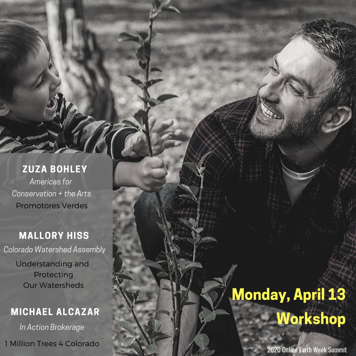 Happy Monday and  #earthweeksummit! Join us today at 12pm EST for our exciting lineup featuring: Zuza Bohley on building authentic leadership  Mallory Hiss from  @COWatershed on understanding watersheds  Michael Alcazar on planting 1 million trees in Colorado⁠