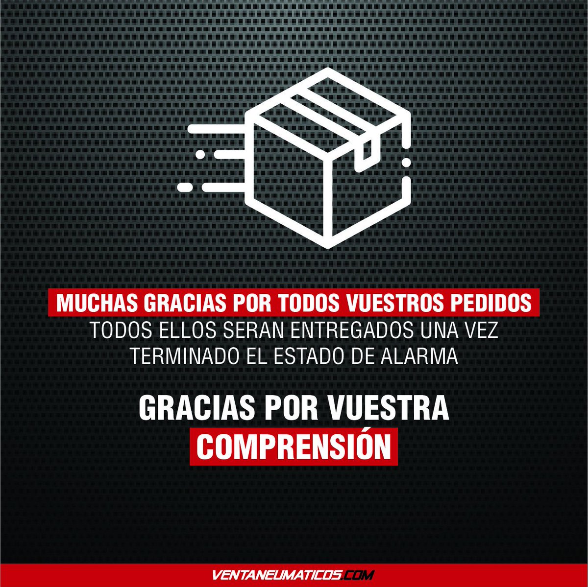 VentaNeumatico's tweet photo. Recuerda que los envíos serán realizados una vez el estado de alarma termine! Gracias por vuestra comprensión 🤗
#COVID2019 #StayAtHome #QuedateEnCasa https://t.co/qMw7vEN3ZF
