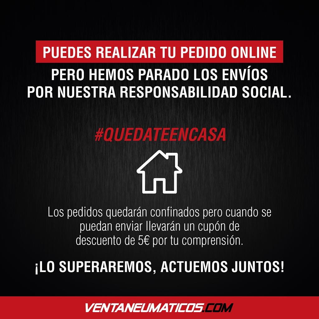 VentaNeumatico's tweet photo. Recuerda que los envíos serán realizados una vez el estado de alarma termine! Gracias por vuestra comprensión 🤗
#COVID2019 #StayAtHome #QuedateEnCasa https://t.co/qMw7vEN3ZF