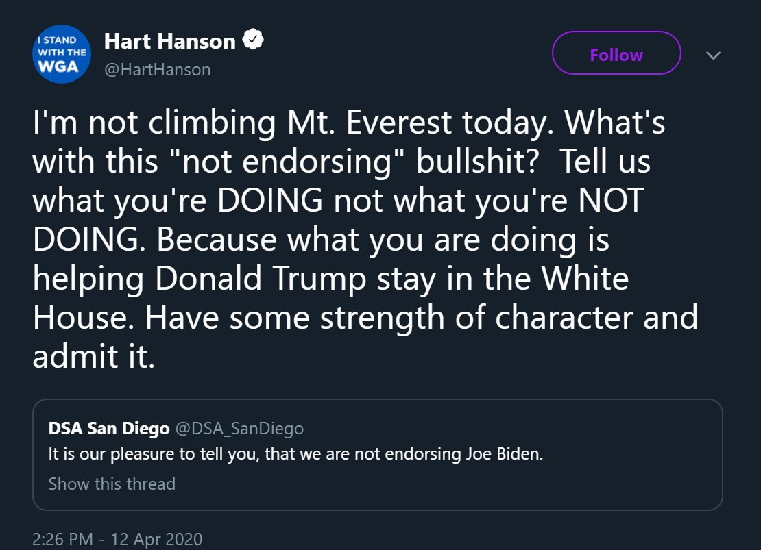 Yes, Hart, focusing on down ballot where they can get the truly progressive candidates that support the progressive policies is just like "supporting Trump" 