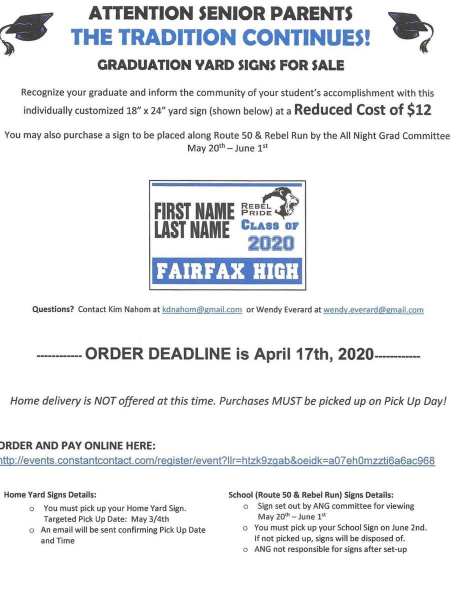 Reminder to order FHS Class of 2020 yard signs! Deadline is Friday! Celebrate your Senior by ordering a yard sign today.  Deadline is April 17th.  Link for purchase is:  [events.r20.constantcontact.com/register/event…)