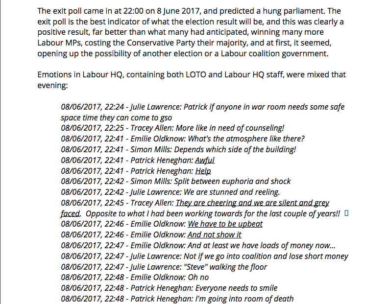 Pages 102/103: Damning evidence exposing the dismay of senior staff at Labour's success in the 2017 GE