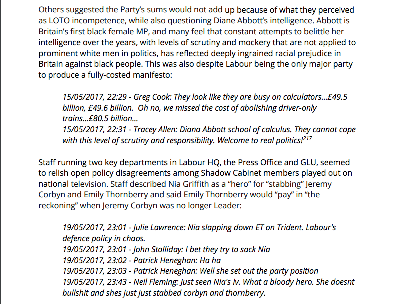 Page 43: A vile discussion amongst prominent staff, abusing Dianne Abbott and Emily Thornberry, and further extracts from pages 94, 100 & 101 showing systematic abuse towards Dianne Abbott by senior staff