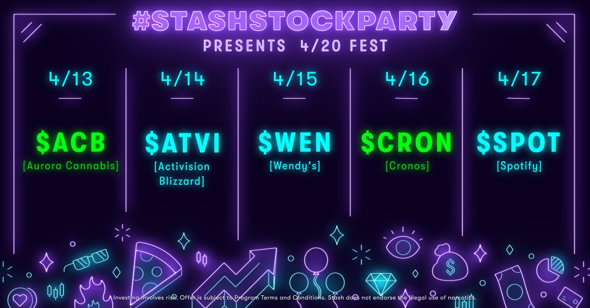 Stash's tweet photo. #StashStockParty presents 4/20 Fest.
🍕📈💕🔥🕶💎👫🍳🎈🌿💰👽 
--------------------------------------
⏰Set an alarm for 4:00 PM ET M-F
➕Bring +1s to boost the $$$
🐦Follow @Stash to stay in the know
--------------------------------------
⬇️ ⬇️ ⬇️ w e e k 3️⃣ l i n e u p ⬇️ ⬇️ ⬇️ https://t.co/wSRbN8DyWH