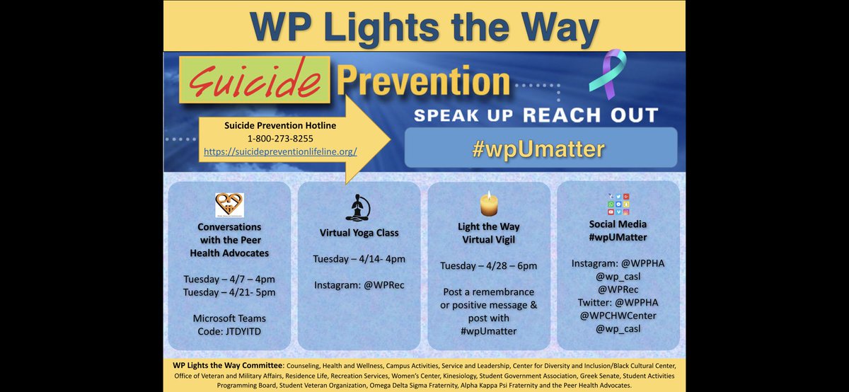 WPCHWCenter's tweet photo. The WP Lights the Way committee has planned a number of activities culminating with a virtual vigil replacing our suicide prevention walk. Join us! #mentalhealth #wpUmatter #suicideprevention https://t.co/l5CEqWVgyq