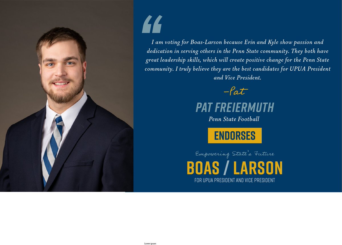 VoteBoasLarson's tweet photo. Endorsement Announcement!! 
Thank you, Pat Freiermuth for your endorsement! Pat is a member of Penn State Football. Make sure to vote on April 15th! #VoteBoasLarson https://t.co/AGAuobgeqo