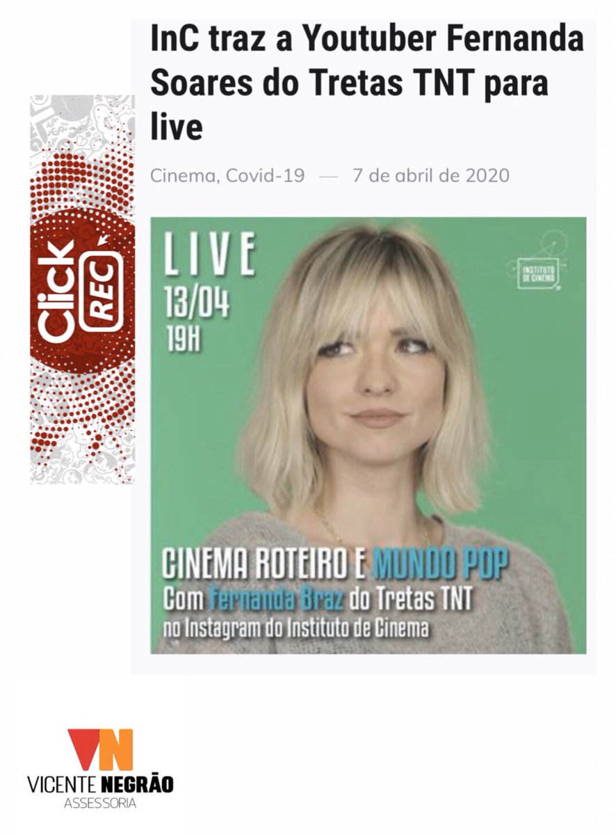 VNAssessoria's tweet image. No site Click Rec: O Instituto de Cinema, traz a Youtuber Fernanda Soares para live, hj 13/04 às 19h. Contando sobre Cinema X Mundo Pop. @clickrec @febsoares @hollywoodforever.tv @institutodecinema @eusousteven @schafascheckalisson @vicentenegrao #clickrec #tretastnt