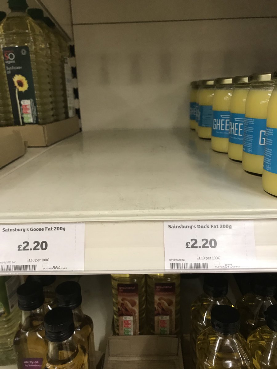sharonlhanley's tweet photo. Chiswick @sainsburys is running low on essentials #duckfat #goosefat #prayforroasties https://t.co/7iaow6e2SD