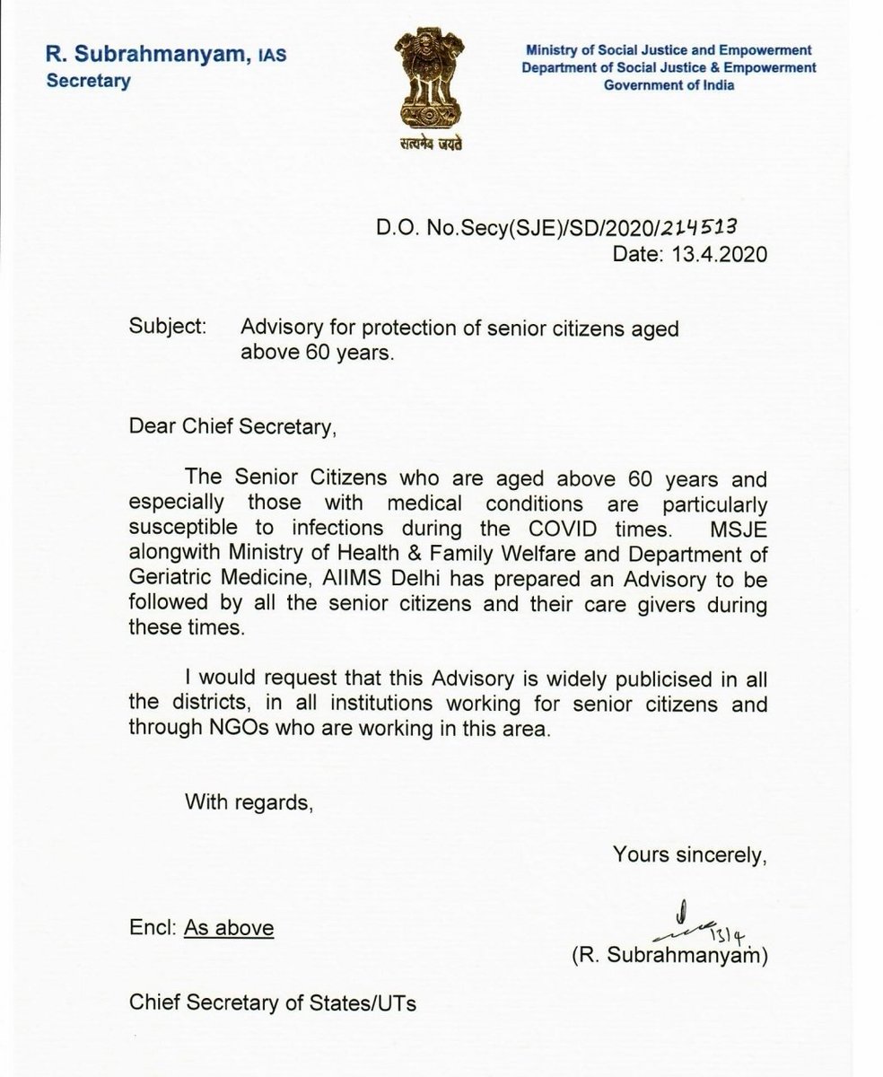 subrahyd's tweet photo. #Covid19 Advisory issued for senior citizens by Ministry of Social Justice and Ministry of Health and Family Welfare. Stay at home, stay safe. @MoHFW_INDIA @TCGEHLOT https://t.co/zc1QgVWjcs