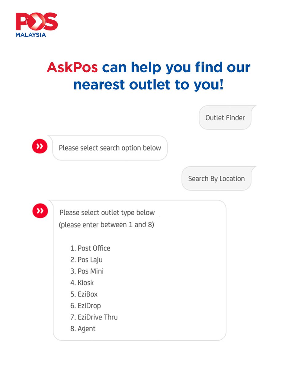 Pos Malaysia Berhad on Twitter: "AskPos is our friendly new chatbot! Use  AskPos to track your mail using our Track & Trace system, locate the  nearest place to drop off or pick