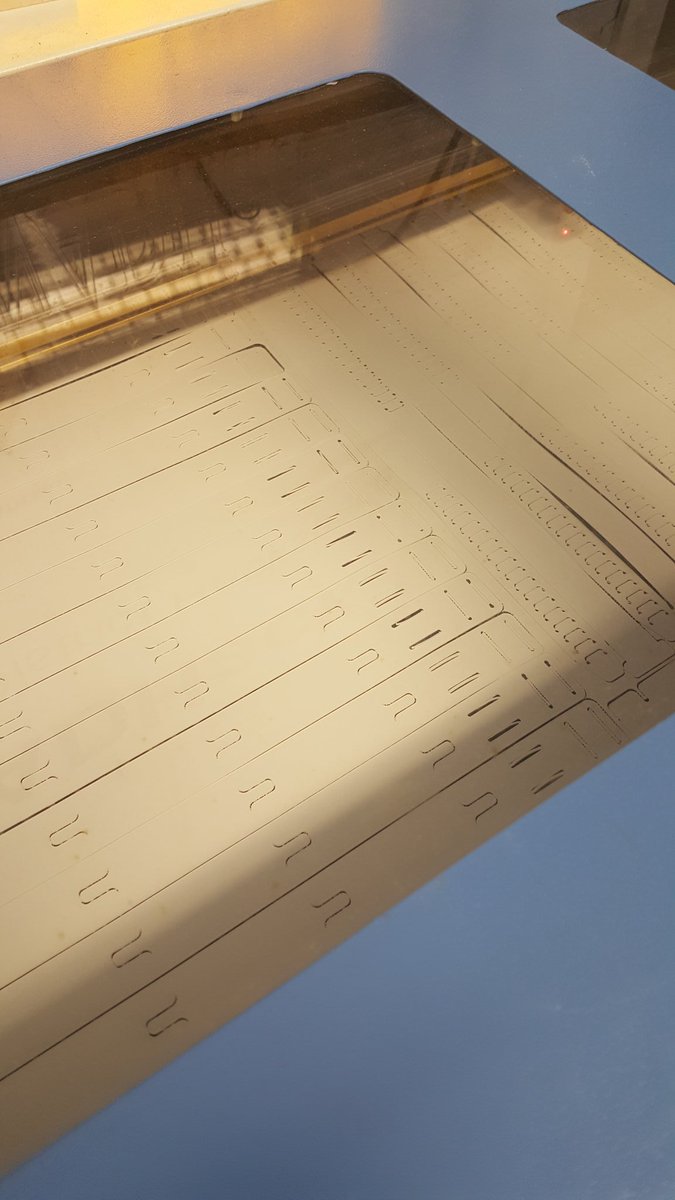 Lasercutter working through last couple of sheets of polypropylene we have to produce more faceshields. More material arriving an a couple of days. https://t.co/ZWm4J1NMy3