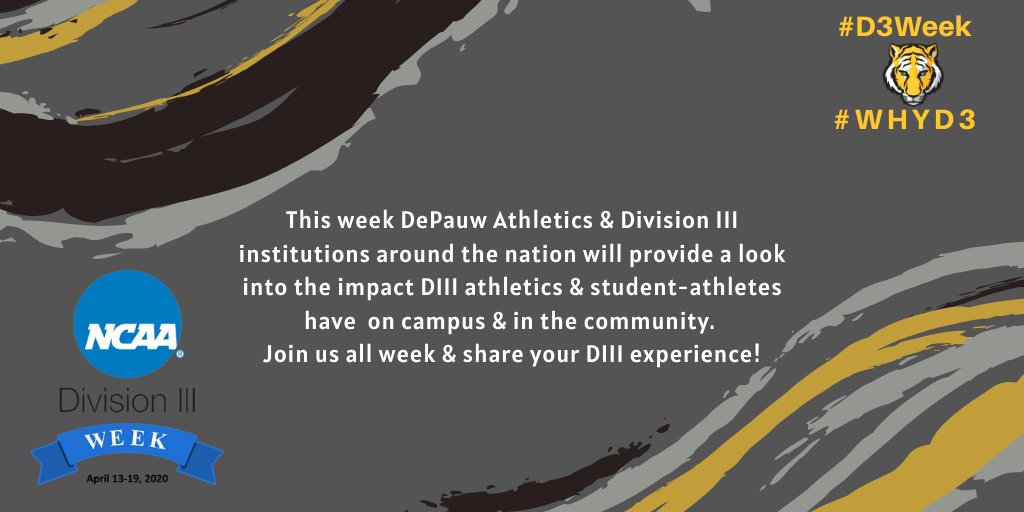 DePauwAthletics's tweet photo. It's Day 1 of #D3Week! @DePauwAthletics would love to hear from former student-athletes, about their D3 experience and how it shaped their passions and careers!
#TeamDePauw #DePauwDeveloped #whyd3 https://t.co/3TKJDBf8ML