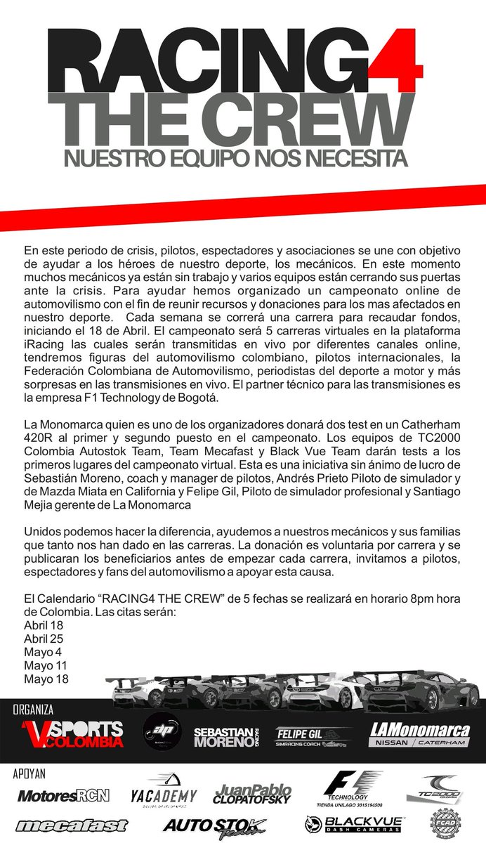 Contamos con 2 pilotos colombianos 🇨🇴 en nuestro team <a href="/ImRockNRoll_/">حکایت زنده‌مانی</a> <a href="/valeariel88/">Fernando Herrera</a> Varias marcas pilotos y empresas de su país organizan este evento benéfico y nos gustaría recibir el apoyo en participación y/o donaciones voluntarias para ayudar a quienes lo necesitan <a href="/lamonomarca/">LA Monomarca</a>