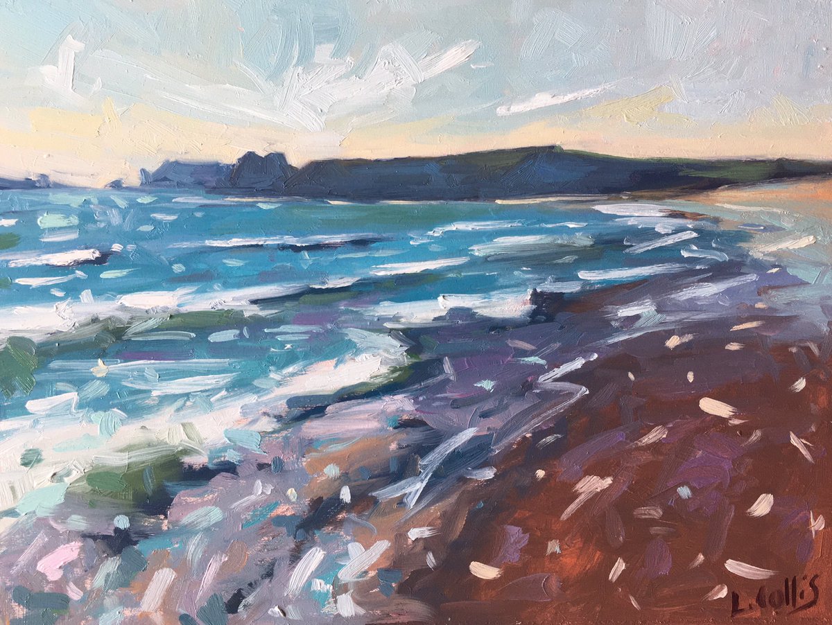 LouiseCollisArt's tweet photo. Blustery Day South Beach, Tenby. 
8”x6” oil on board #dailypainting 
I took the reference pic for this one while paddling through the waves on a beautiful sparkling day at Tenby. 
.
#southbeach #tenby #pembrokshire #pembrokeshirecoast #visitwales #butnotnow #artinsolation https://t.co/4VcCrVnvvr