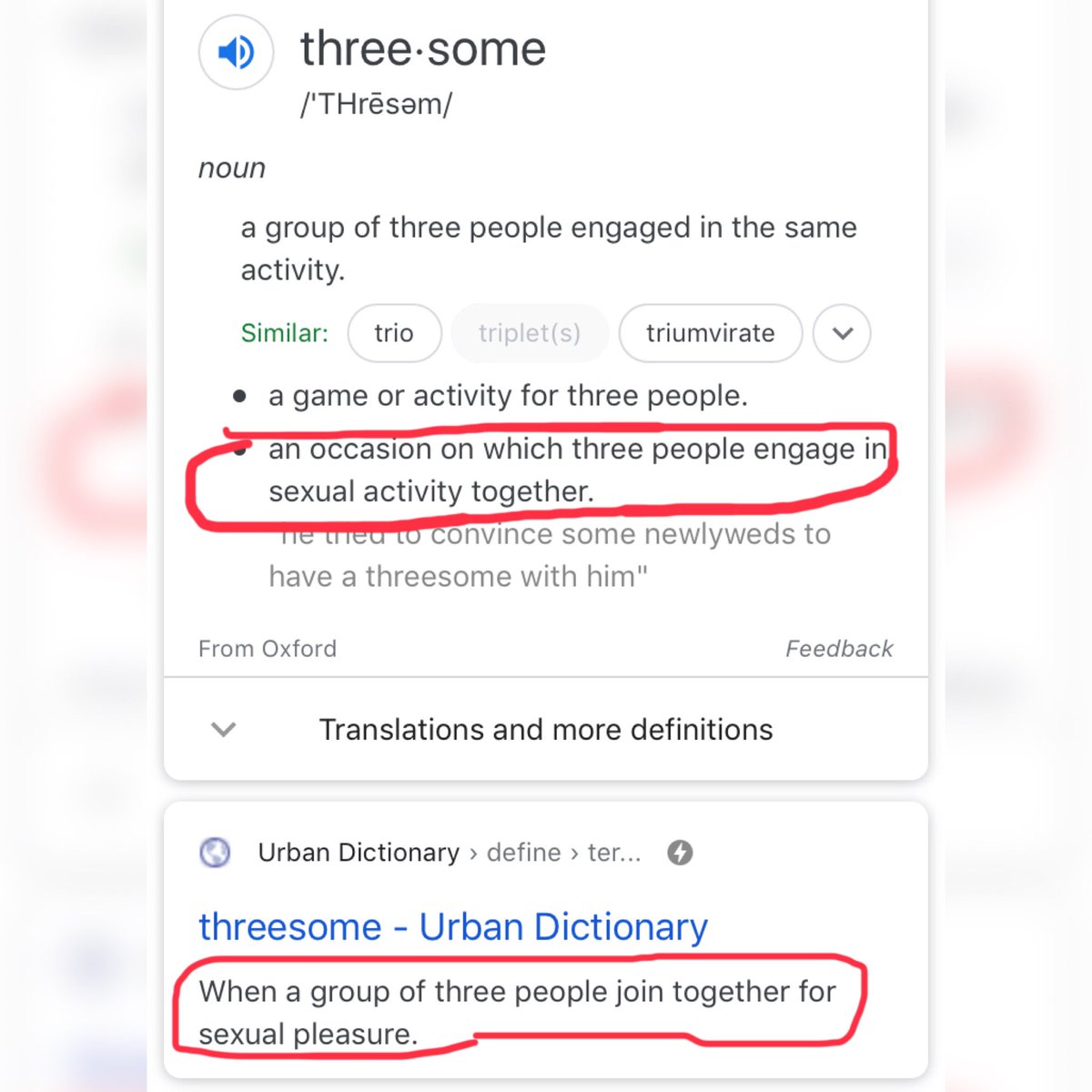 If 2 people are having sex with a 3rd person at the same time, it’s a threesome. "Sexual interaction" isn’t just physical—you’re visually stimulated by the other two going at it. Even if you didn’t touch the dude, y’all collaborated and together created a shared sexual experience  https://twitter.com/comparethenames/status/1249592063596859392