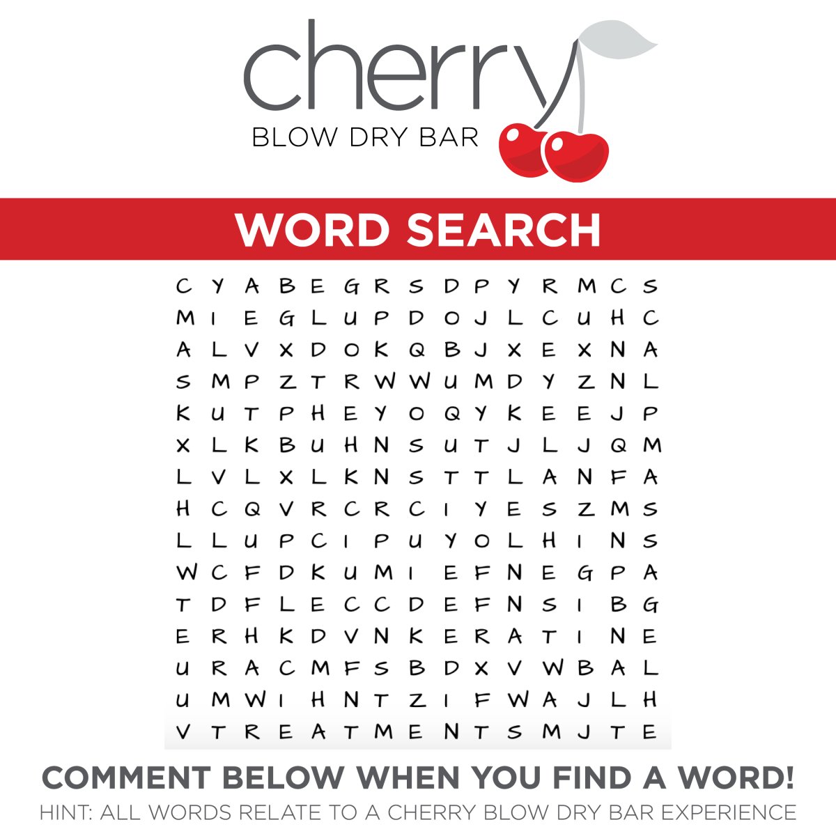 CherryBDBar's tweet photo. Give our Cherry Blow Dry Bar word search a try! 🔎

Hint: All words relate to a Cherry Blow Dry Bar experience. 

Let us know when you think you’ve found them all! 

#CherryBlowDryBar #haircare #hairstyles #blowouts #hairgoals https://t.co/AODde3g0ns