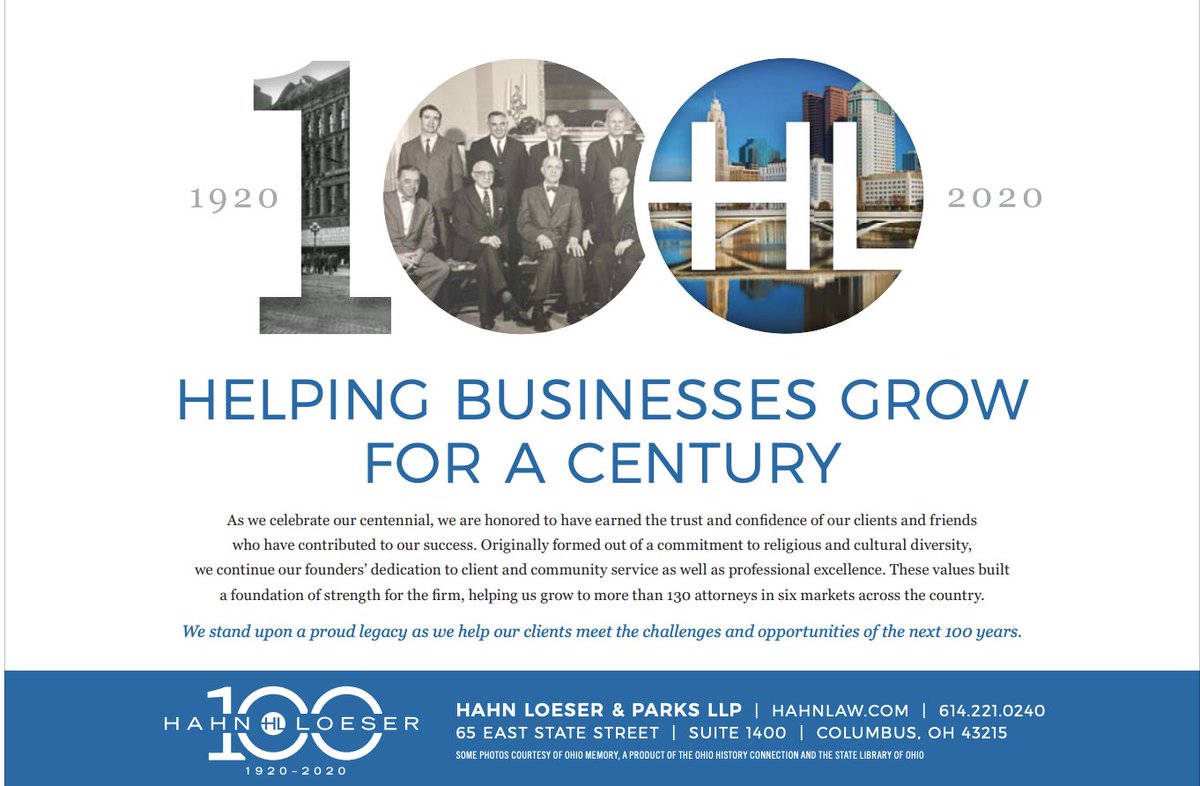HahnLoeser's tweet photo. Hahn Loeser was profiled as part of Columbus Business First’s Corporate Anniversary.  In this issue, Columbus Partner-in-Charge Leslie Johnson shares details of the firm’s history as we celebrate our centennial year in 2020.

https://t.co/MjDe0Kyz0u 

#HLP #ColumbusBusinessFirst https://t.co/ePL04aPbTt