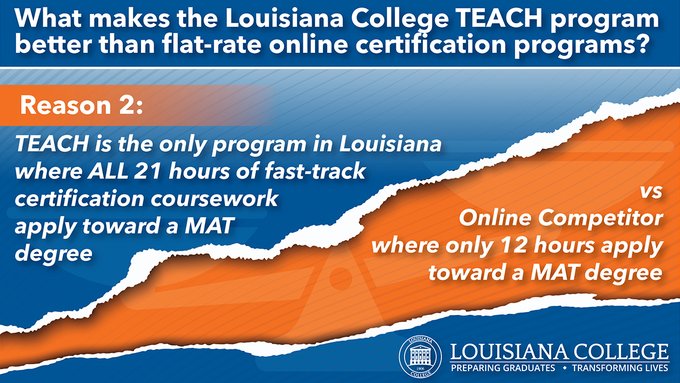 LC_University's tweet photo. Reason #2 why LC's TEACH Program is better than flat-rate online certification programs. To learn more, visit https://t.co/8EksN12XOe or email TEACH@lacollege.edu #LCTEACHProgram https://t.co/1Mhe5wKRZm